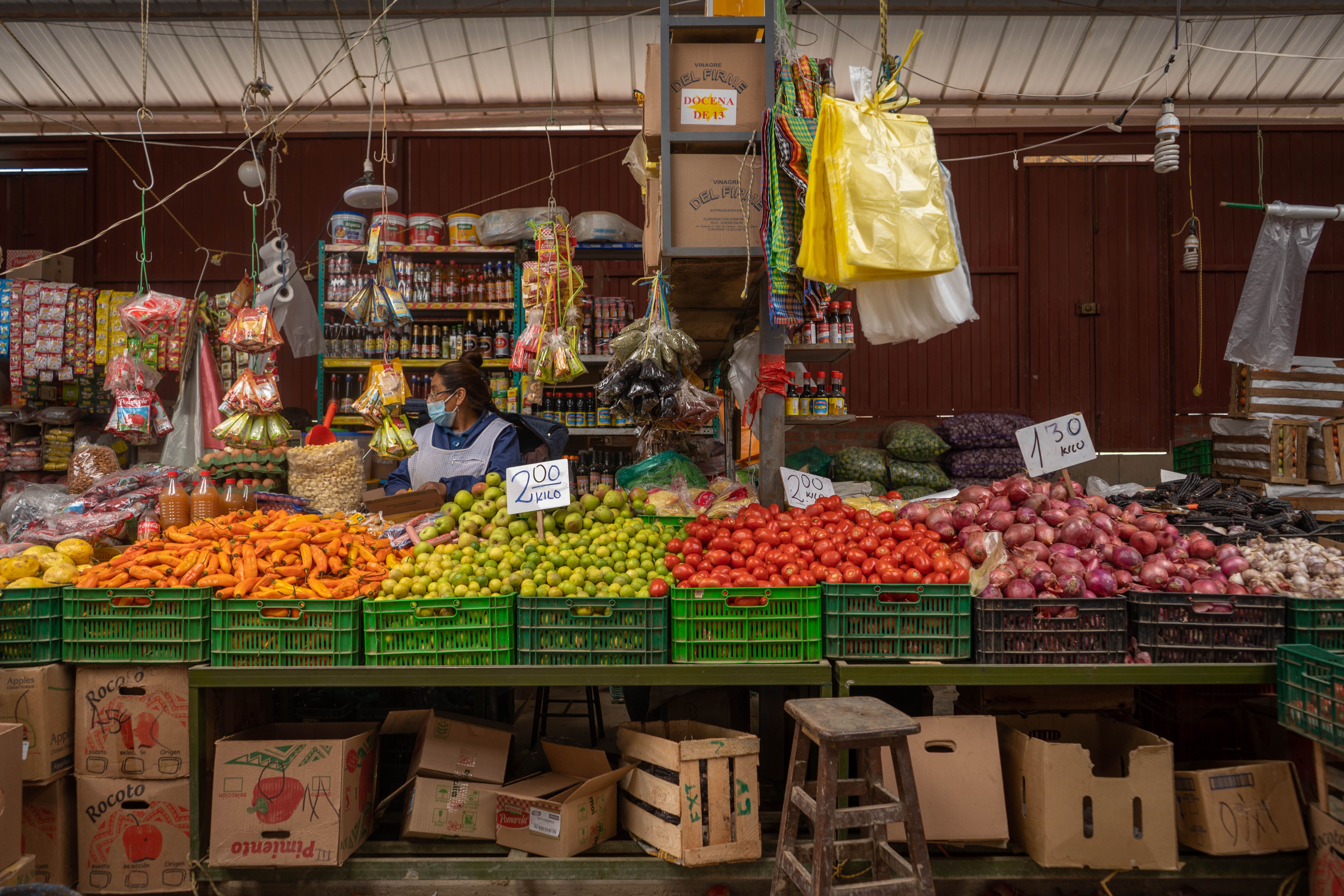 Fresh produce stalls at a Peruvian market
